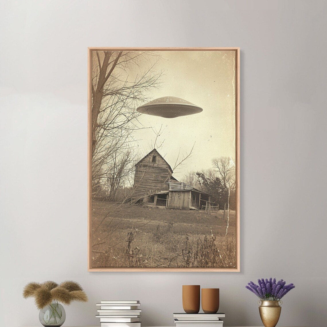 Vintage UFO Flying Saucer Old Barn Sepia Mystery Art Wall Print - Image 4