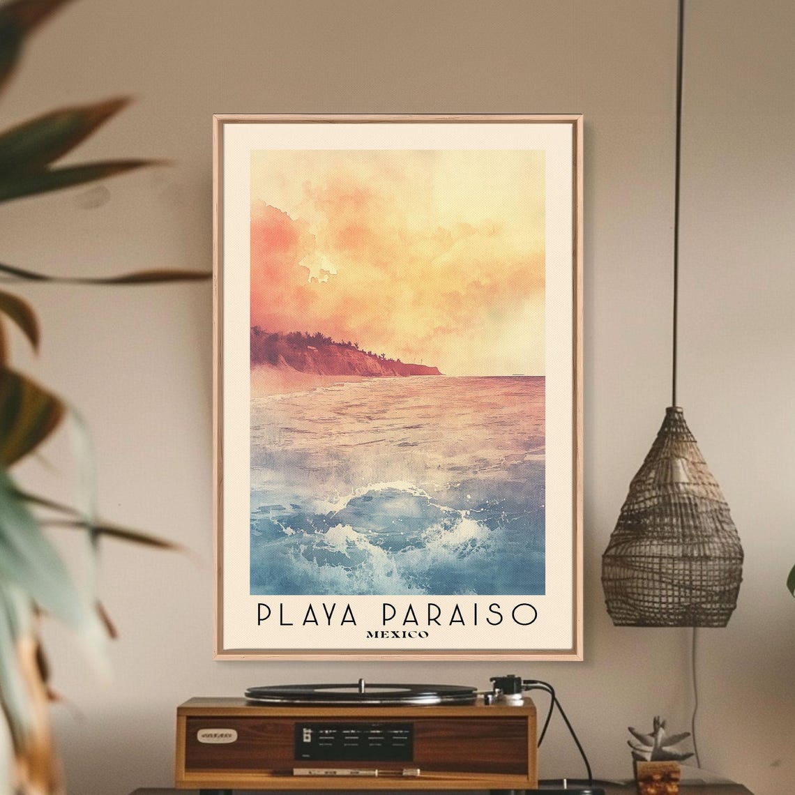 Playa Paraiso Mexico Peach Sunset Ocean Glow Watercolor Travel Poster - Image 2