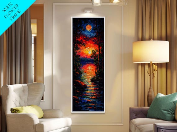 Sunset And Full Moon Over The Lake Framed Print Nature Decor Landscape Oil Painting Print Wall Art Skinny Tall Art Small Spaces