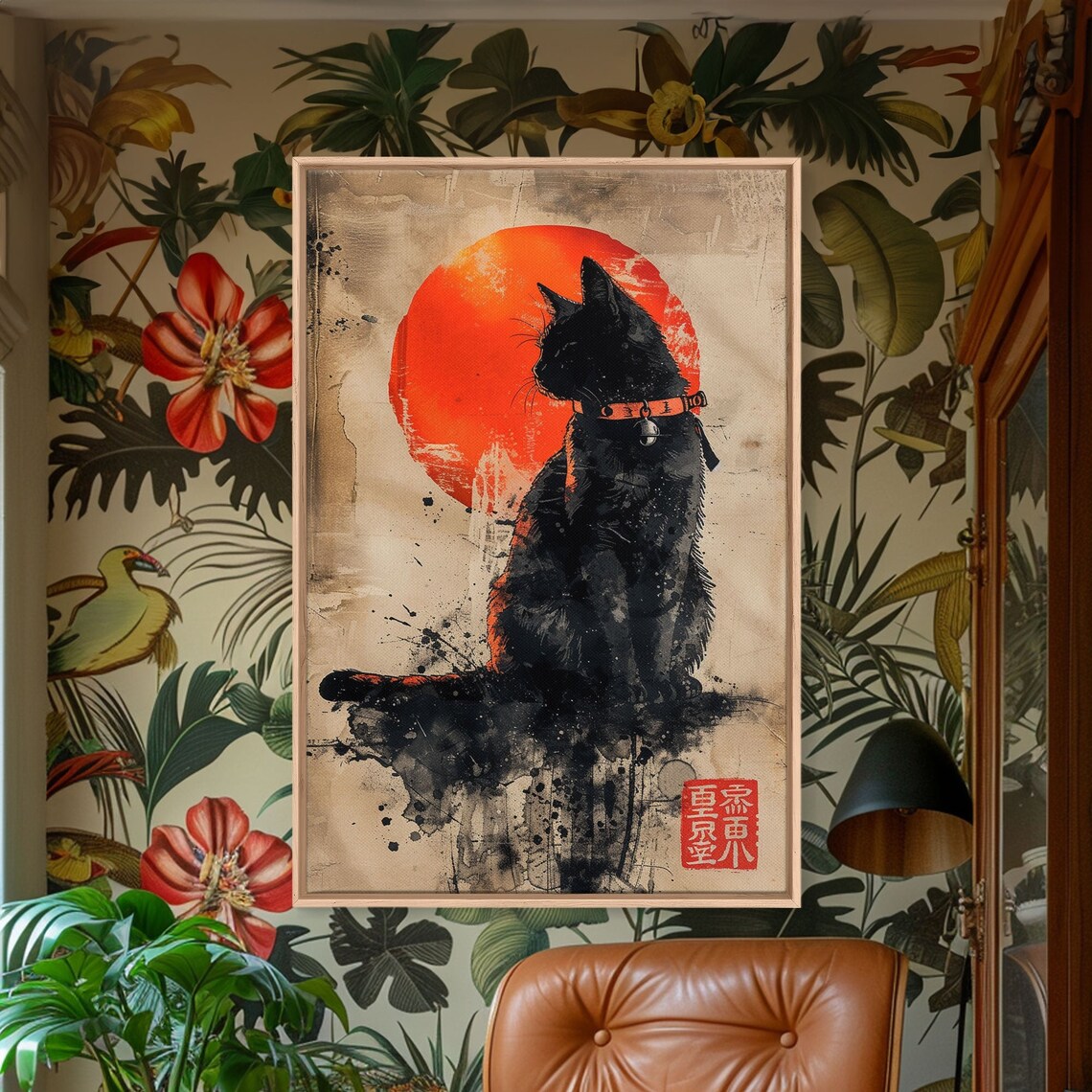 Retro Black Cat With Japanese Flag, Industrial Art Print - Image 4