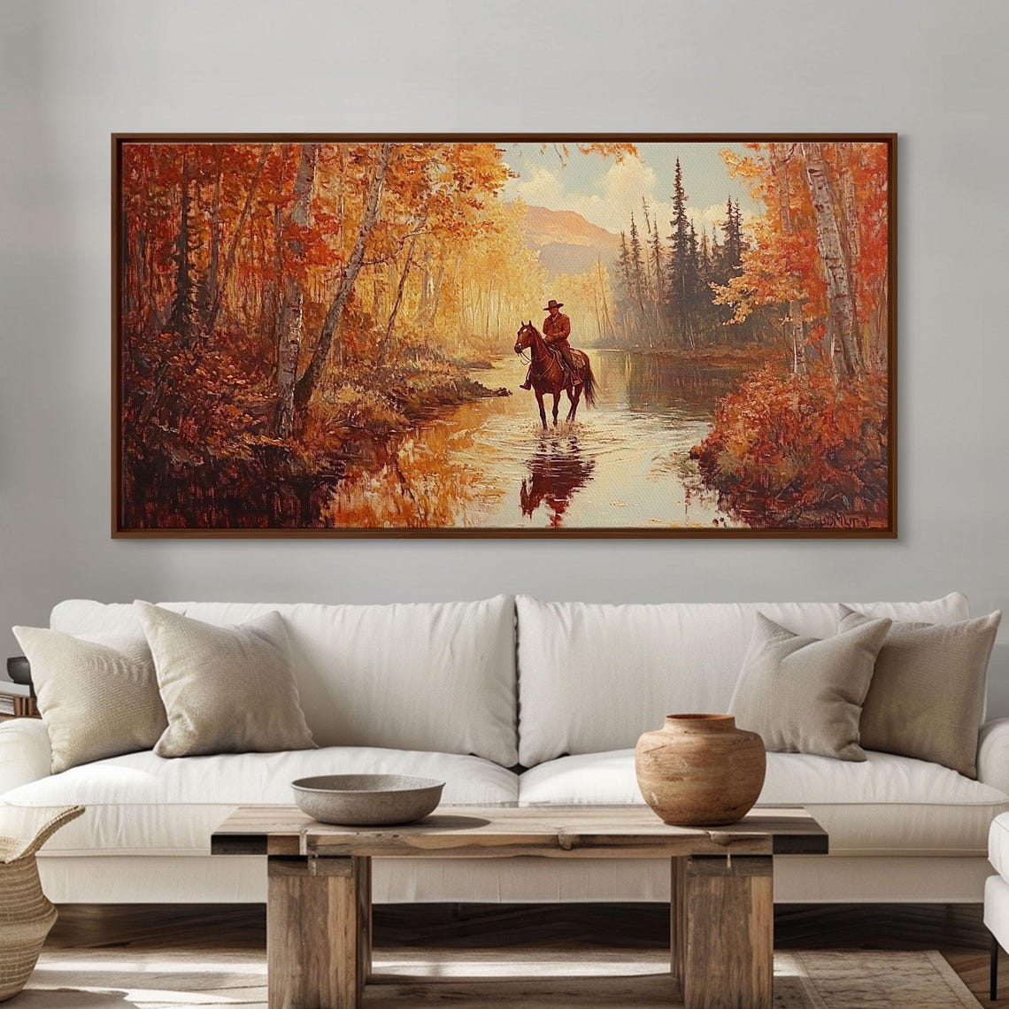 Autumn Cowboy Riding Horse Through River Golden Forest Trail Poster - Image 5