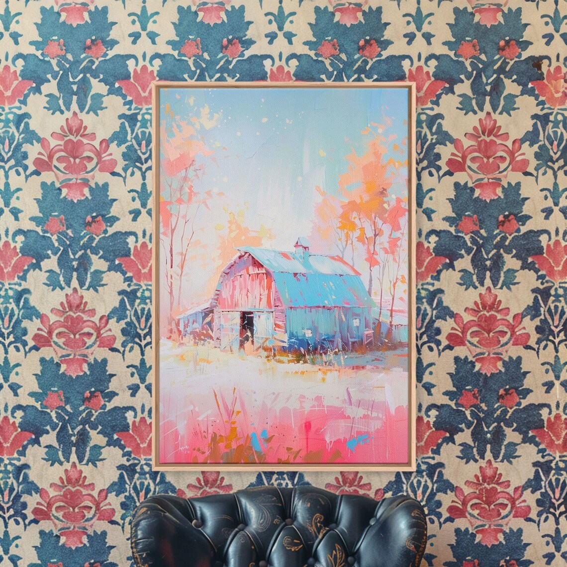 Pastel Barn Blue Roof Dreamy Pink Trees Farmhouse Wall Art Poster - Image 3