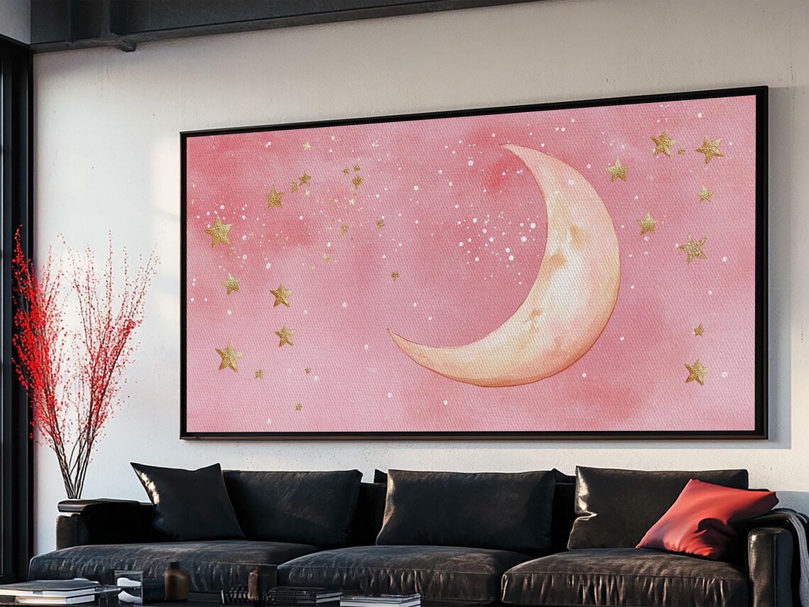 Golden Crescent Moon And Stars On Pink Watercolor Celestial Sky Poster - Image 3