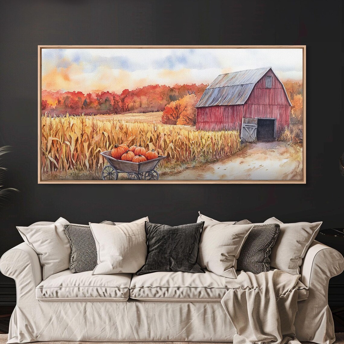 Red Barn Pumpkin Wheelbarrow Golden Cornfield Autumn Landscape Art Print - Image 6