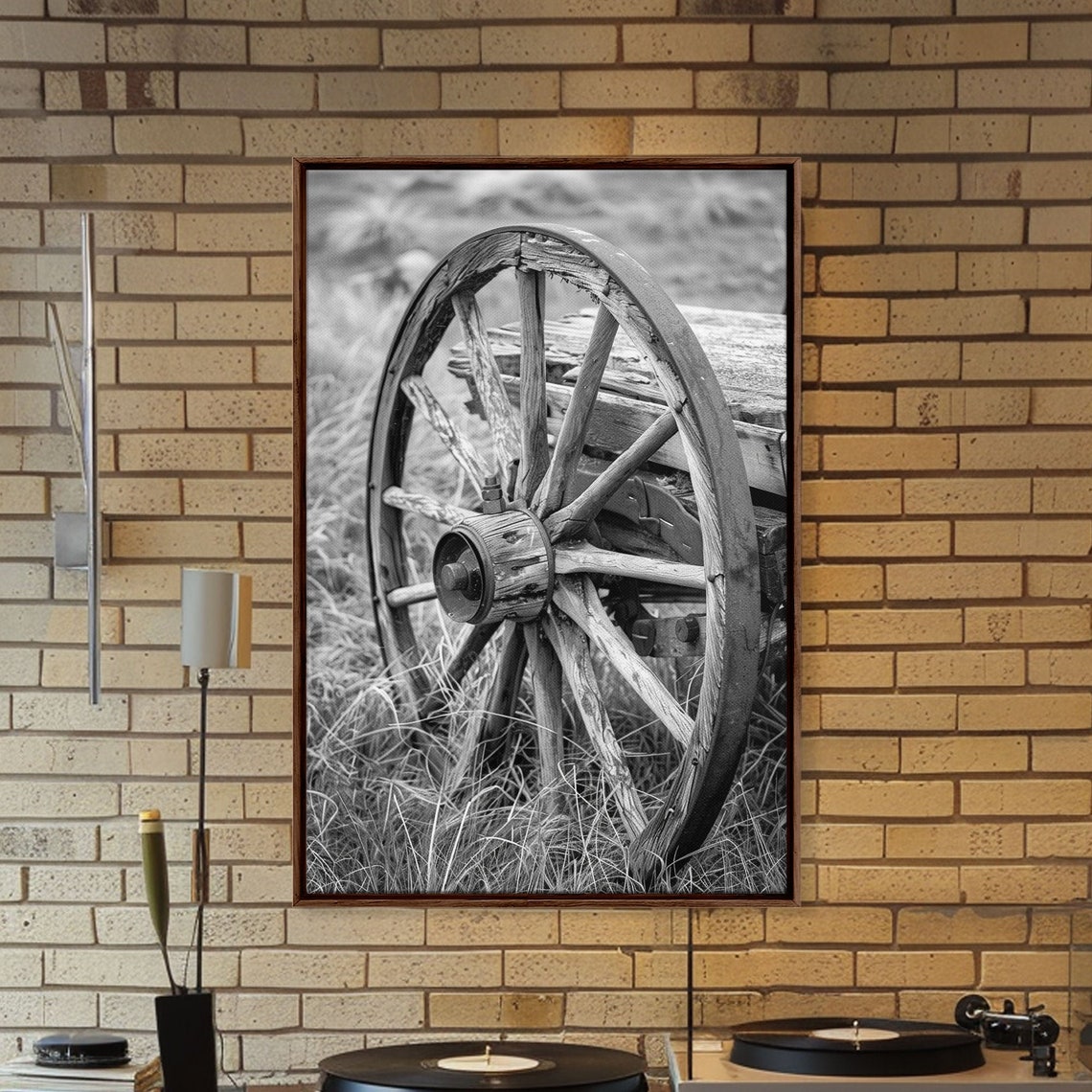 Weathered Wooden Wagon Wheel In Tall Grass Black And White Poster