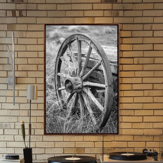 Weathered Wagon Wheel In Tall Grass Black And White Photography Framed Print Rustic Western Decor Vintage Wall Art For Home