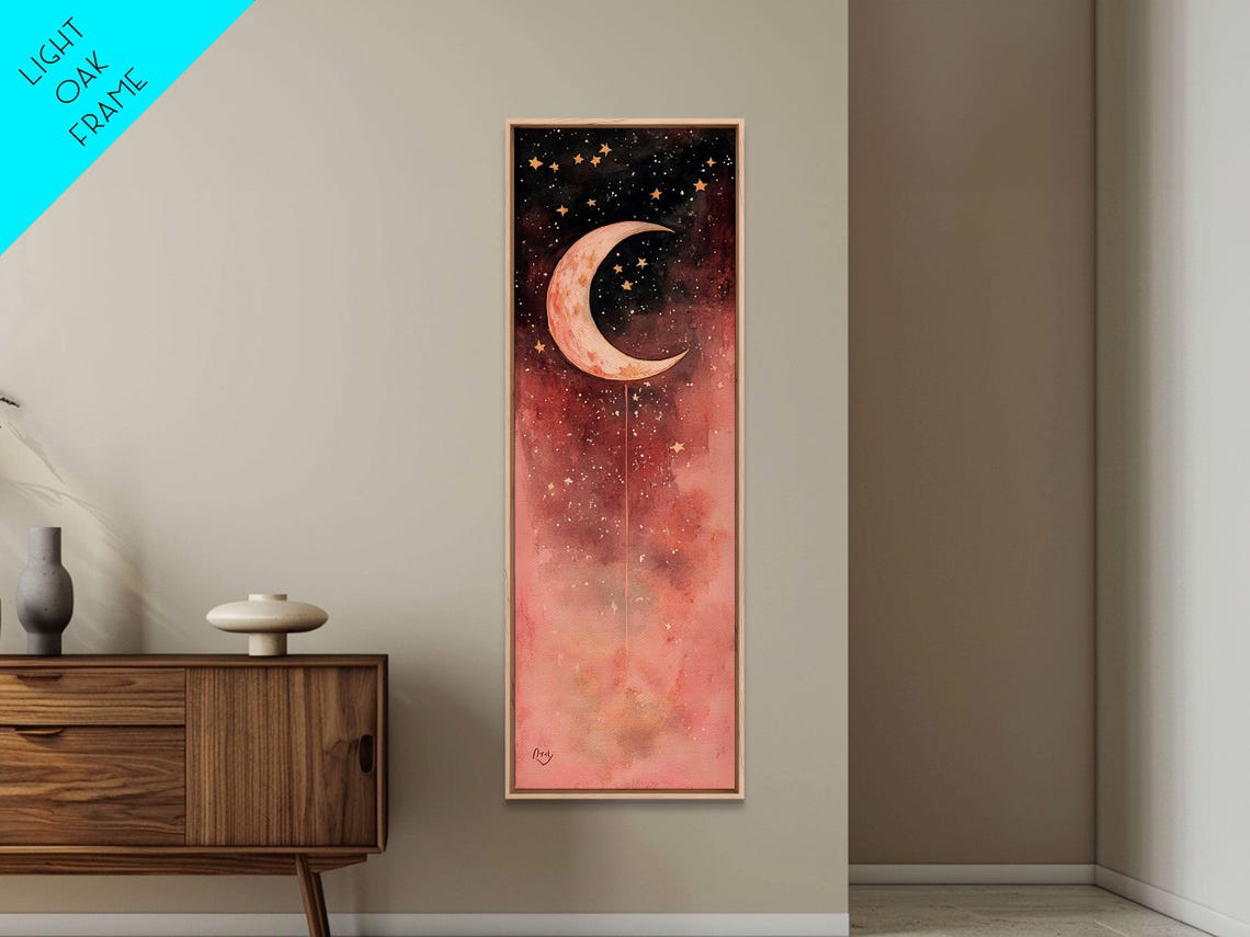 Crescent Moon Print Starry Night Pink Abstract Vertical Wall Art Zen Room Decor Dreamy Boho Gift Idea