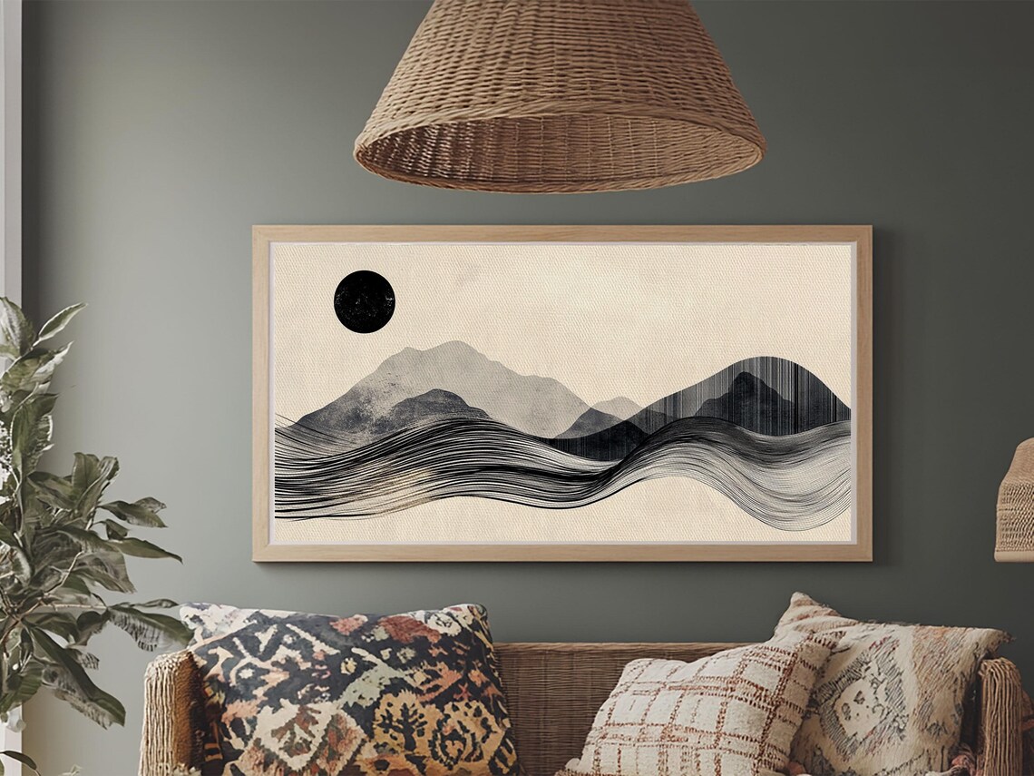 Abstract Mountain Landscape Framed Print Wabi Sabi Wall Art Minimalist Decor Rustic Line Art Idea Bedroom Artwork Vertical Design - Image 4