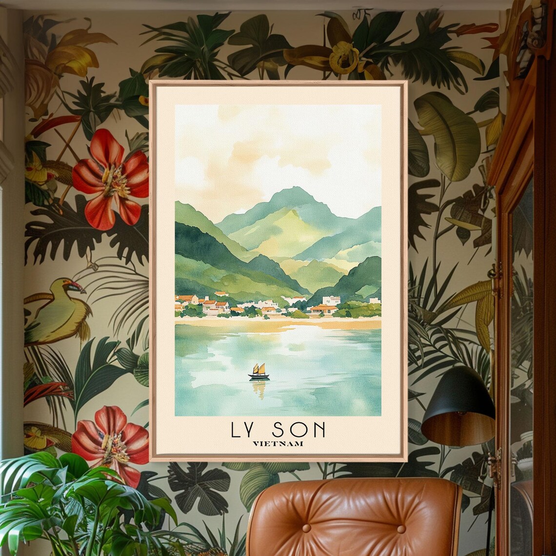 Ly Son Vietnam Sailboat Bay Green Mountain Village Watercolor Poster - Image 2