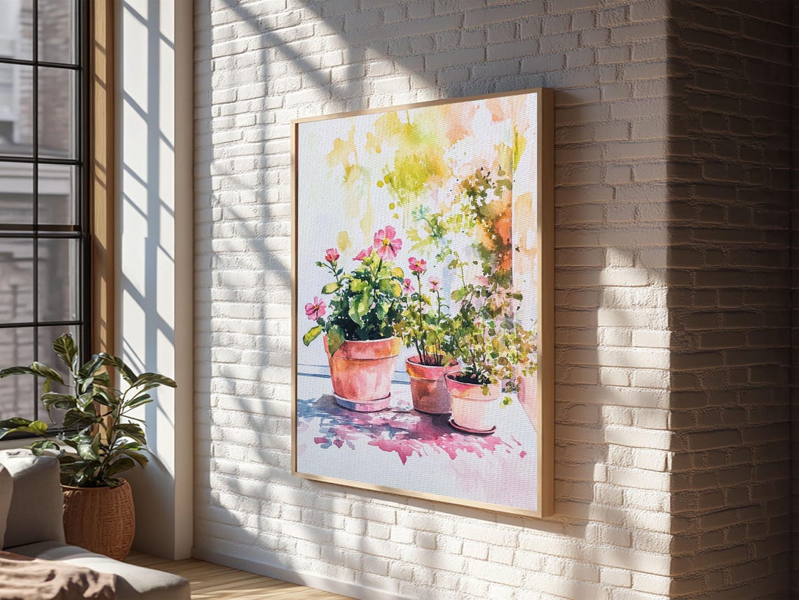 Potted Plants Watercolor Terracotta Pots Sunny Botanical Garden Print - Image 2
