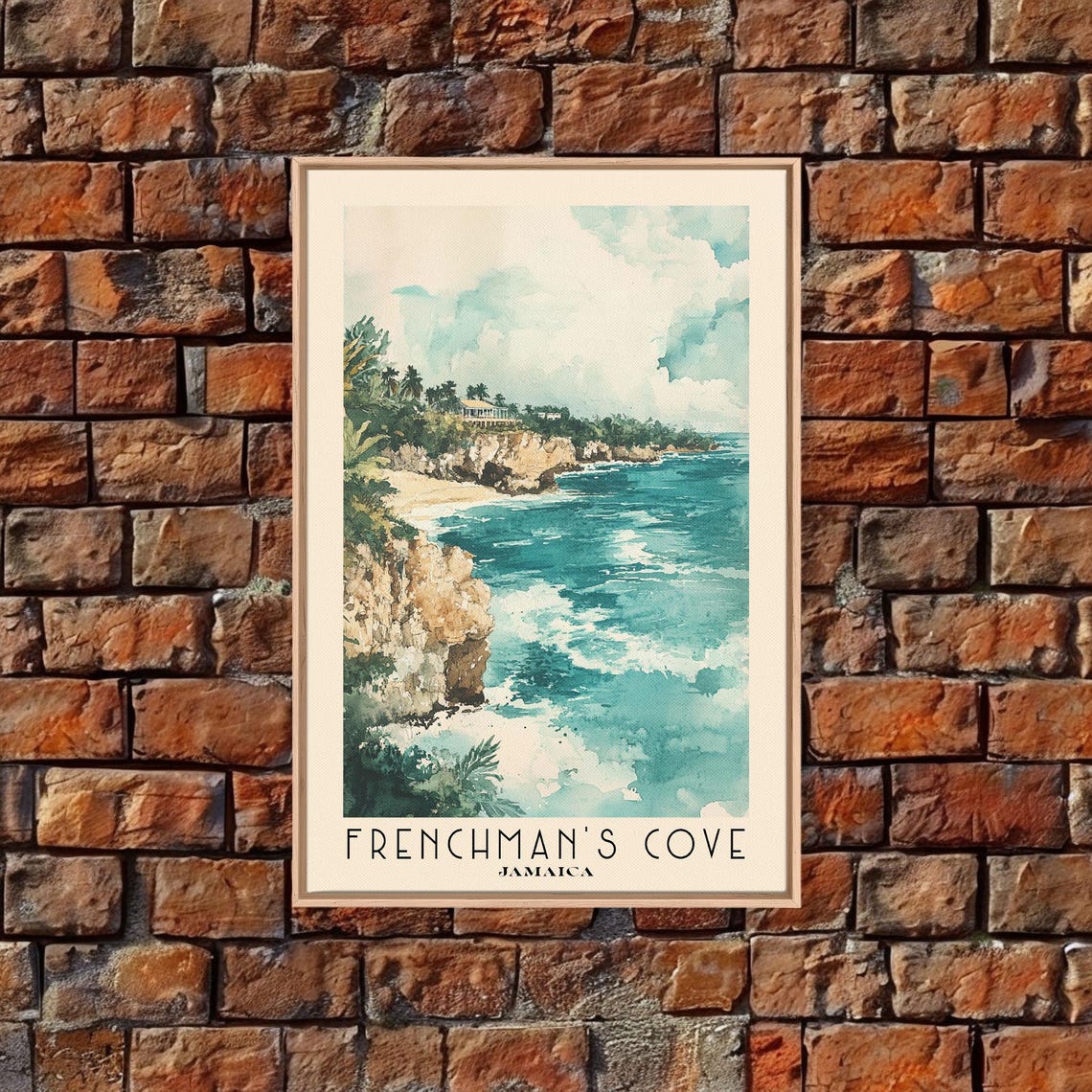 Frenchmans Cove Jamaica Rocky Cliff Cove Teal Ocean Watercolor Poster - Image 5