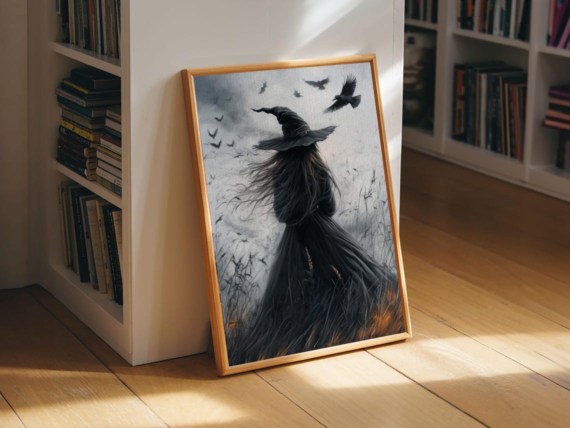 Witch With Crows From Behind Misty Field Gothic Spooky Season Poster - Image 3
