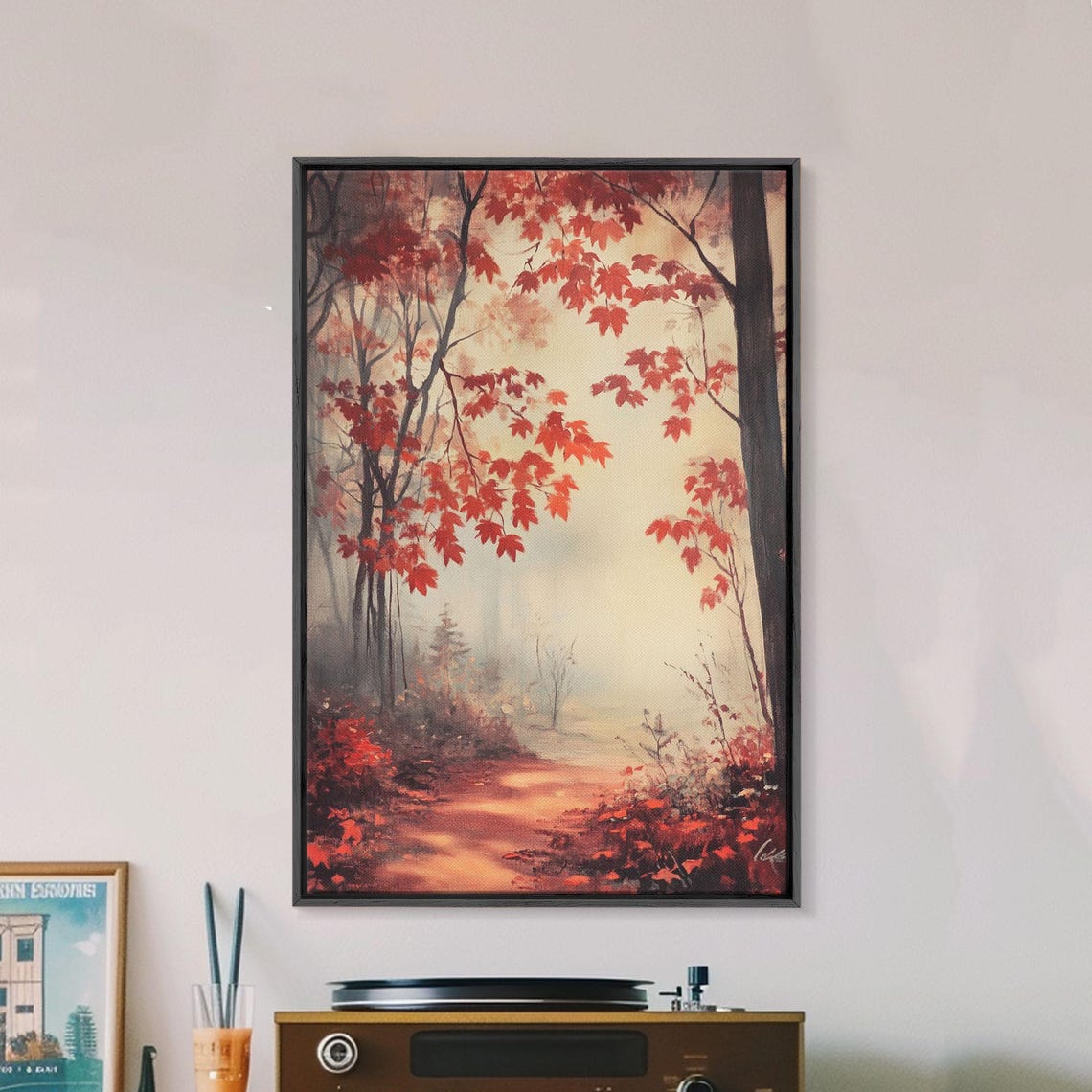 Misty Autumn Maple Path Red Foliage Warm Forest Landscape Poster - Image 3