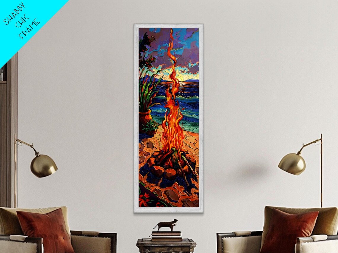 Beach Campfire At Sunset With Tall Flames Over Ocean Impasto Art Poster - Image 6