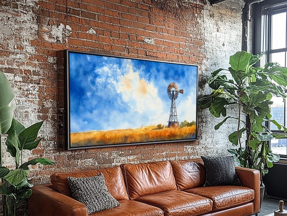 Bright Blue Sky Windmill Framed Print Rustic Farmhouse Art Horizontal Artwork Ideal Above Sofa Unique Living Room Wall Decor