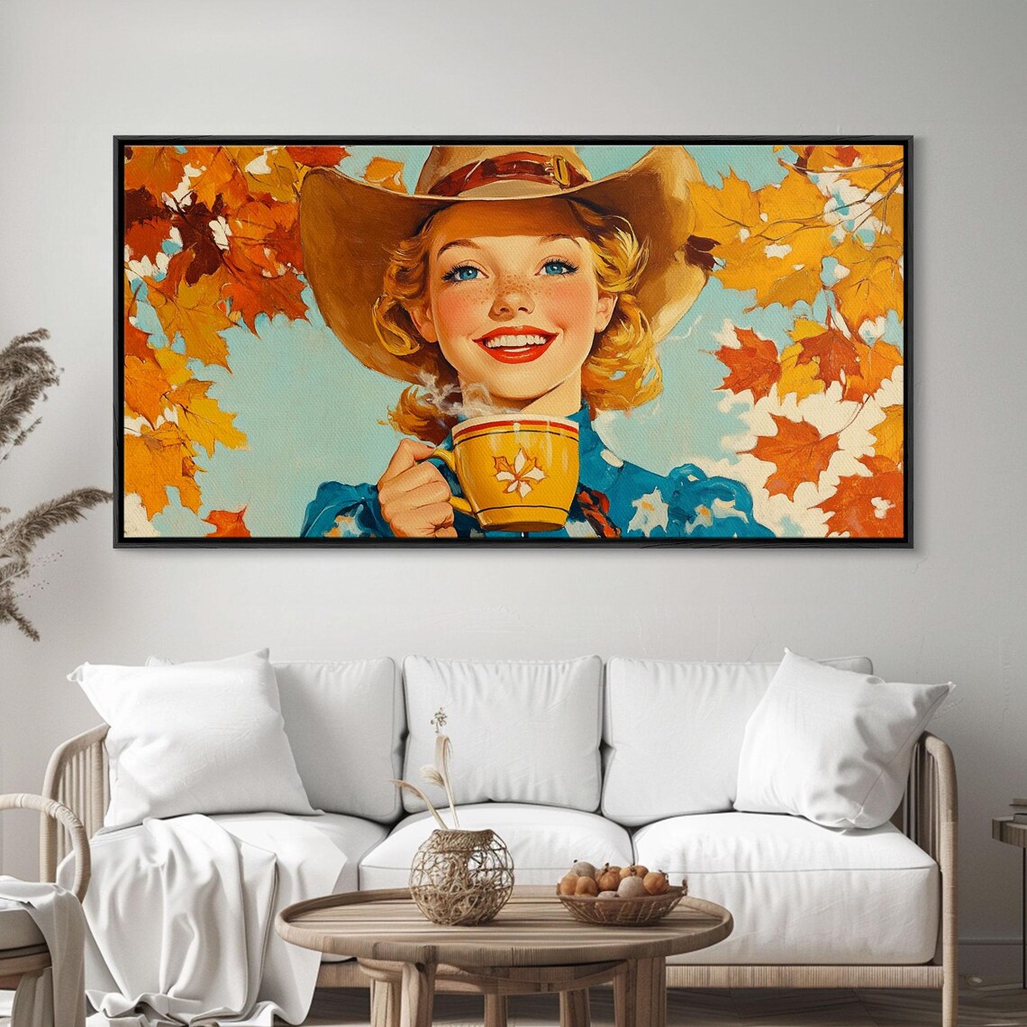Smiling Retro Cowgirl Holding Hot Cocoa Mug Autumn Leaves Poster - Image 2