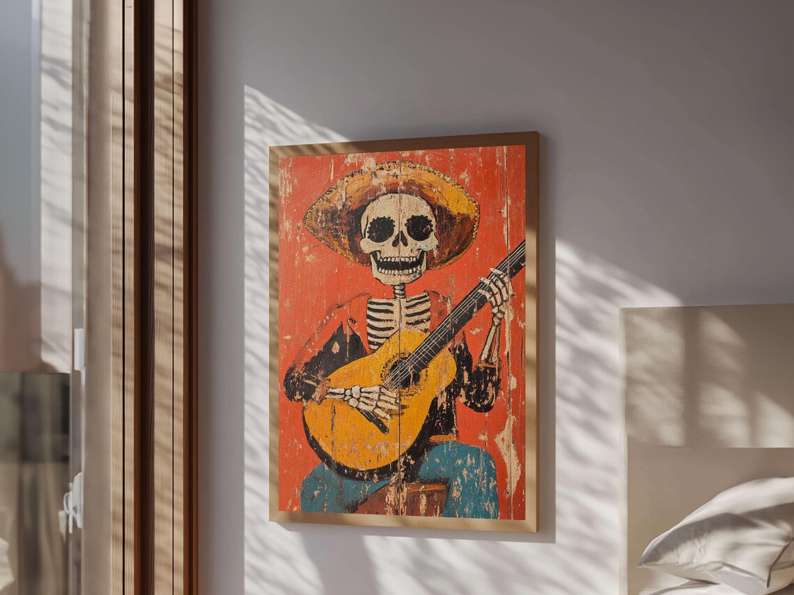 Mexican Skeleton Vaquero Guitar Art Print, Southwestern - Image 2