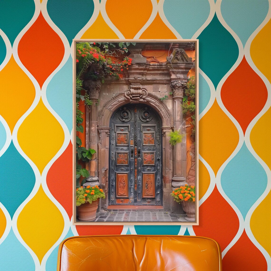 Dark Carved Wooden Double Door Orange Blooms Stone Portal Art Poster - Image 4