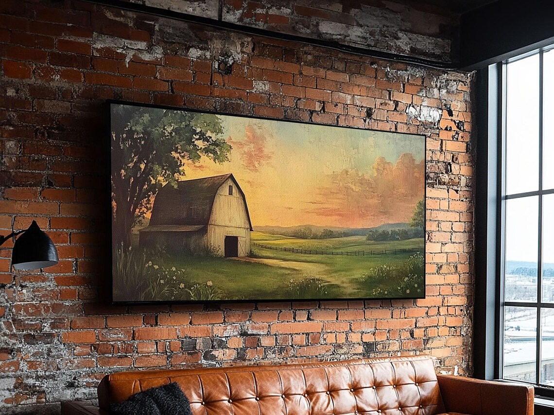Old Barn Sunset Meadow Fence Vintage Farmhouse Landscape Art Print - Image 3
