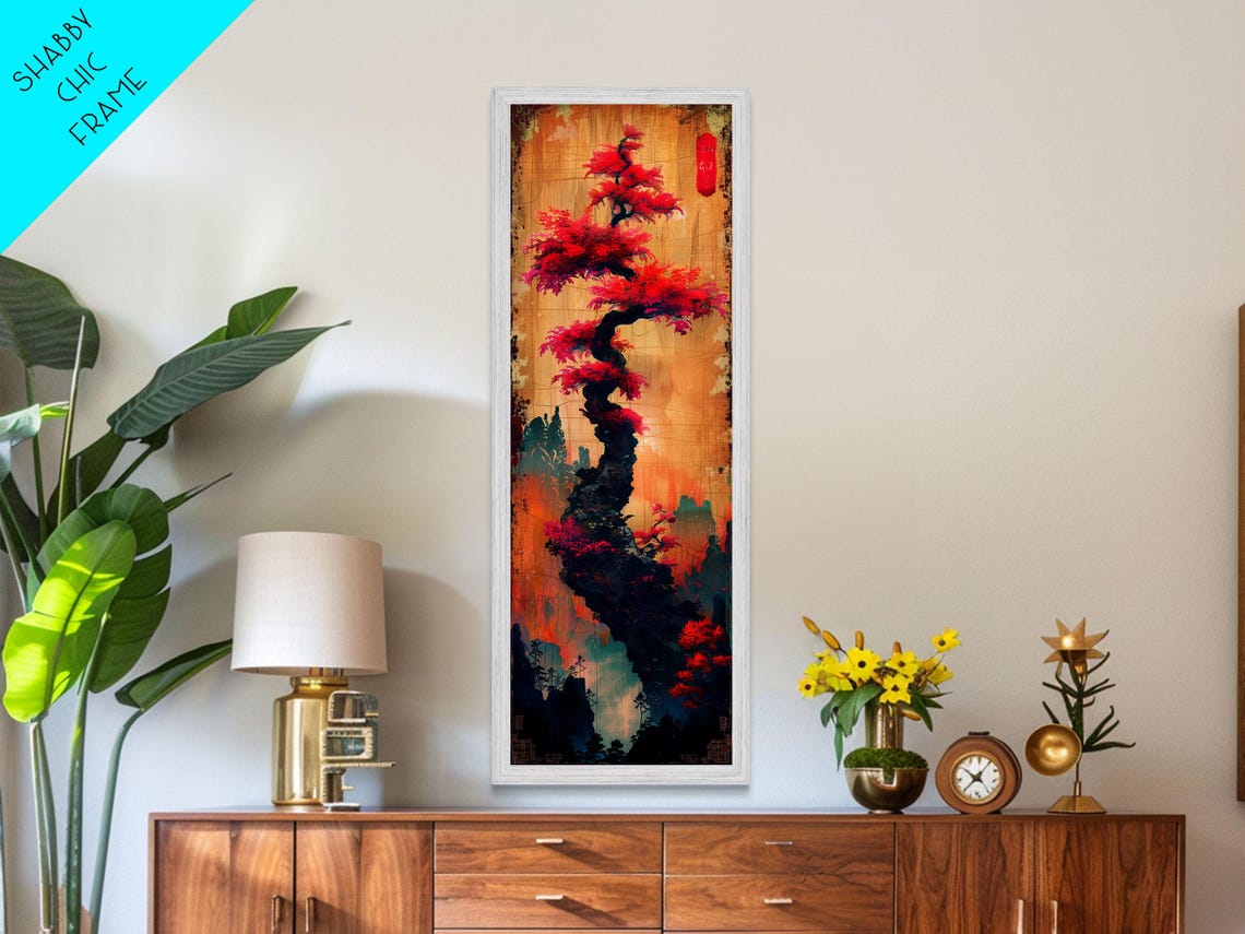 Bonsai Pine With Vivid Red Foliage On Gold Gradient Ukiyo E Art Poster - Image 5