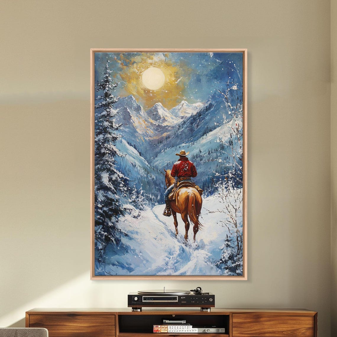 Cowboy Riding Under Golden Moon Snowy Mountain Peaks Night Poster