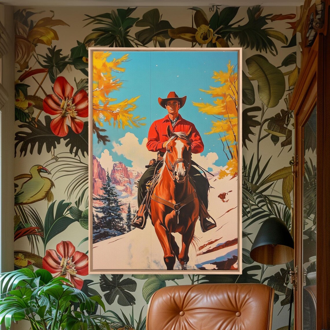 Cowboy Riding Horse Snowy Mountain Red Shirt Western Art Poster - Image 3