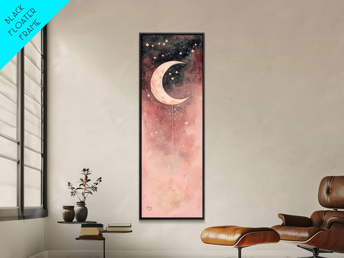 Crescent Moon Pink Starry Night Watercolor Dreamy Sky Wall Art - Image 5