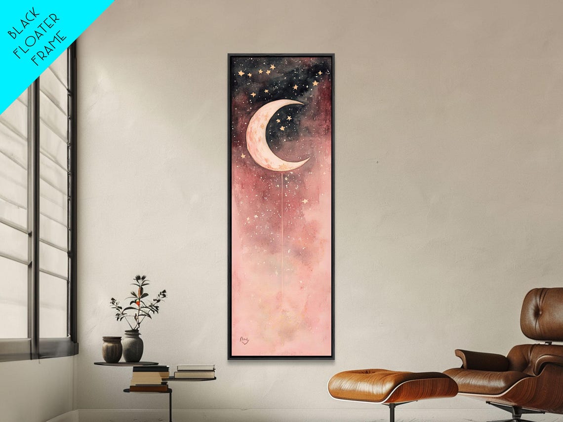 Crescent Moon Print Starry Night Pink Abstract Vertical Wall Art Zen Room Decor Dreamy Boho Gift Idea - Image 5