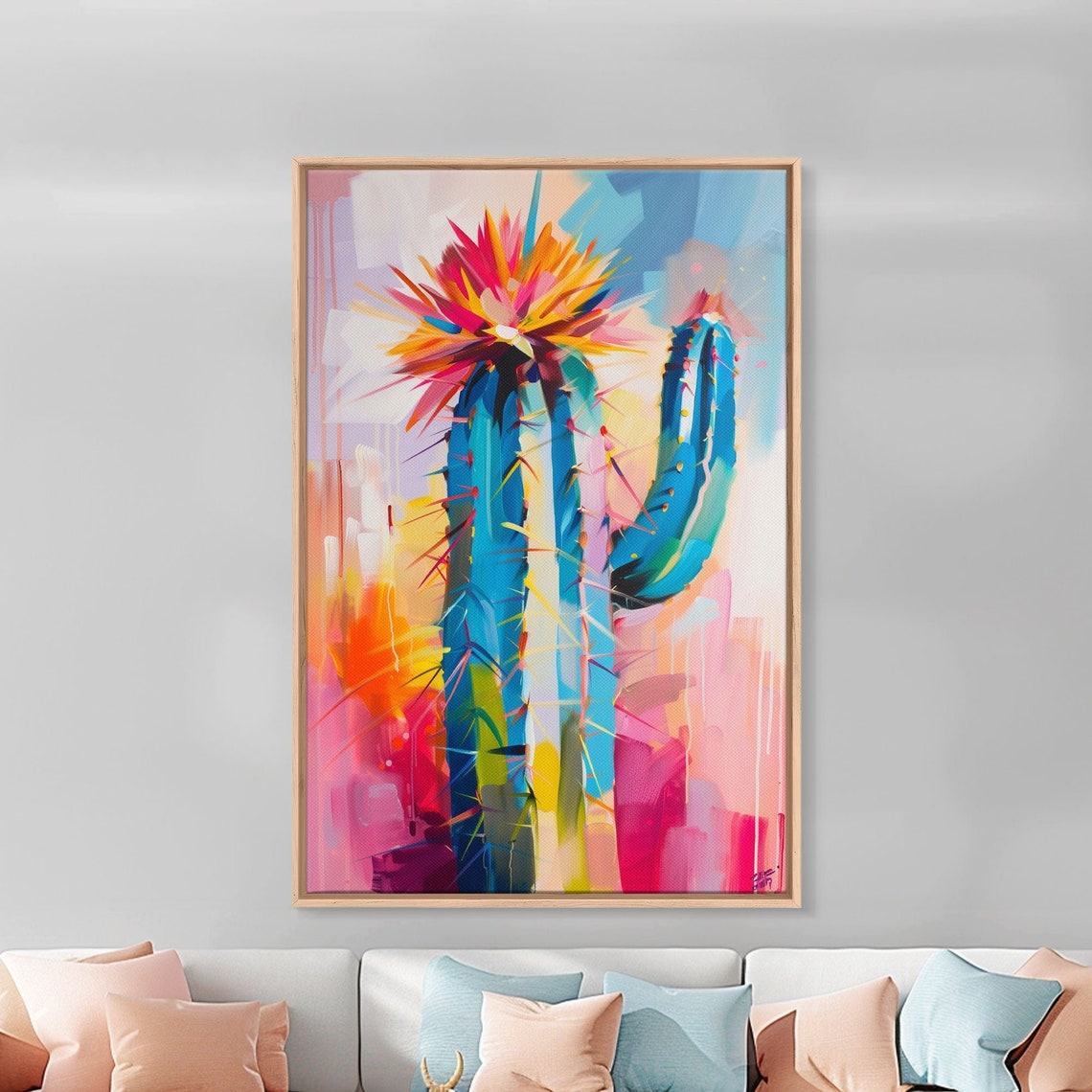 Colorful Saguaro Cactus Bloom Vibrant Desert Succulent Art Poster