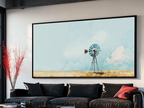 Windmill Landscape, Minimalist Coastal Art Print