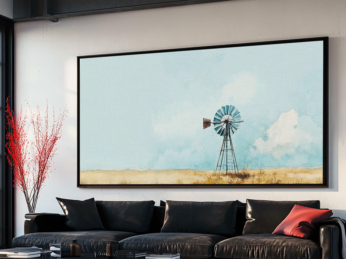 Windmill Landscape, Minimalist Coastal Art Print