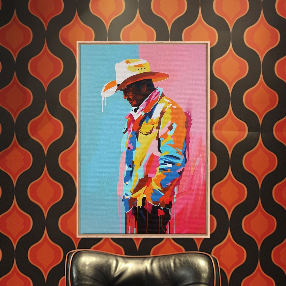 Pensive Cowboy Portrait Colorful Hat Abstract Western Pop Art Poster