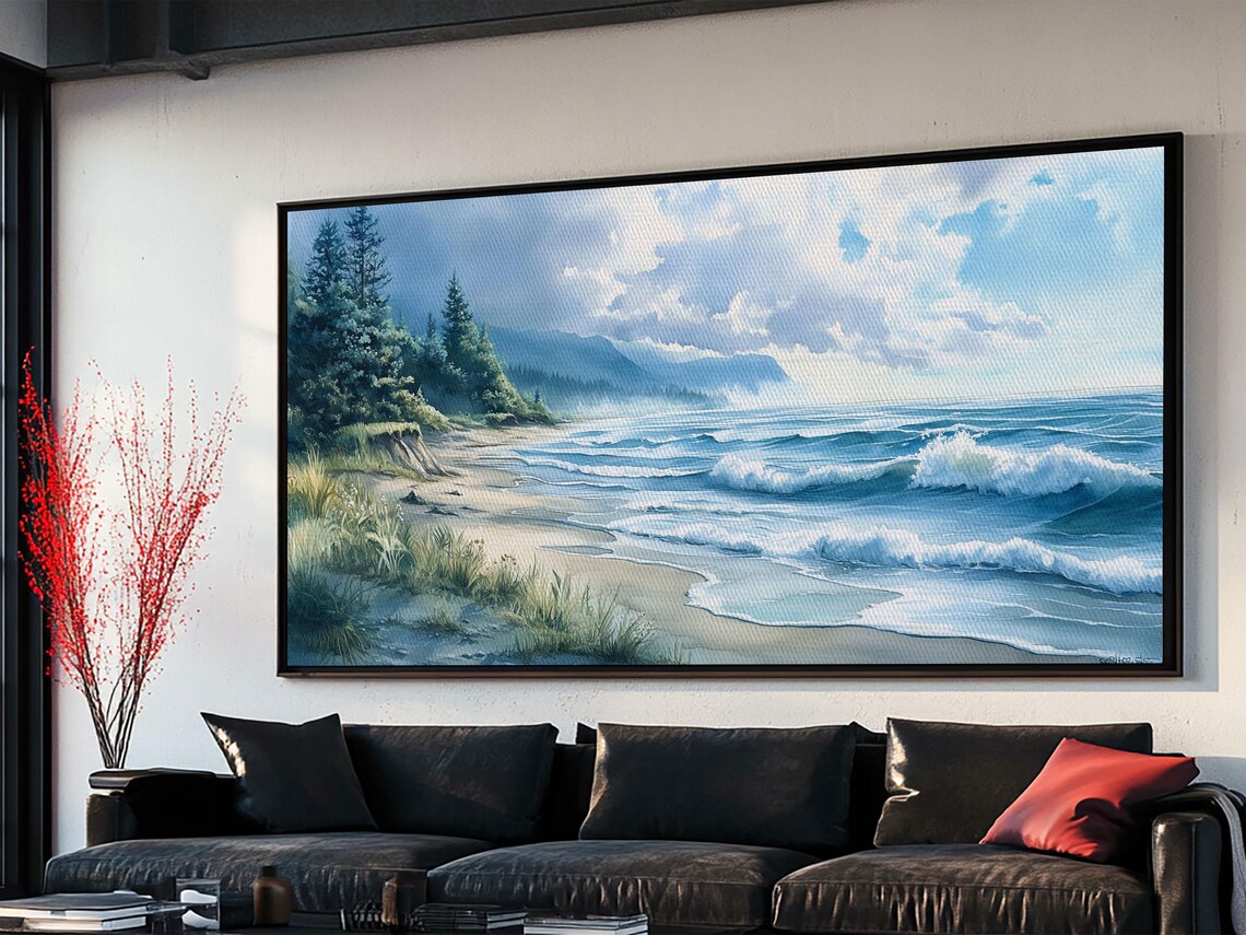 Misty Coastal Morning Seascape Painting Waves Pine Forest Beach Art Poster