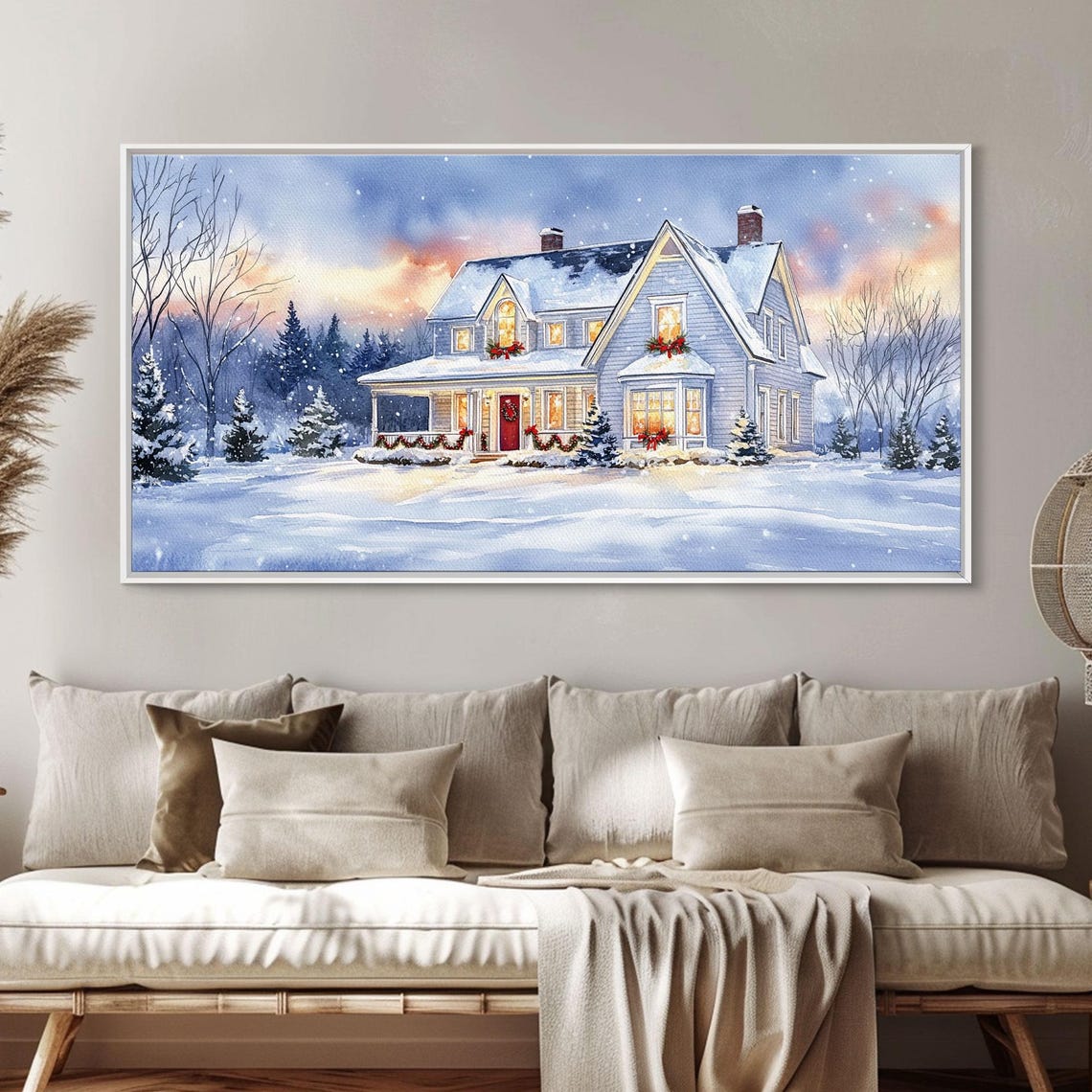 Cozy Winter Cottage Snow Christmas Lights Glowing Windows Art Print
