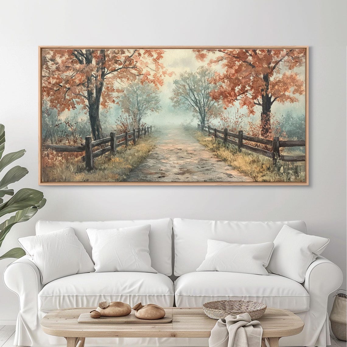 Autumn Path Rustic Fence Trees Misty Fall Landscape Painting Poster