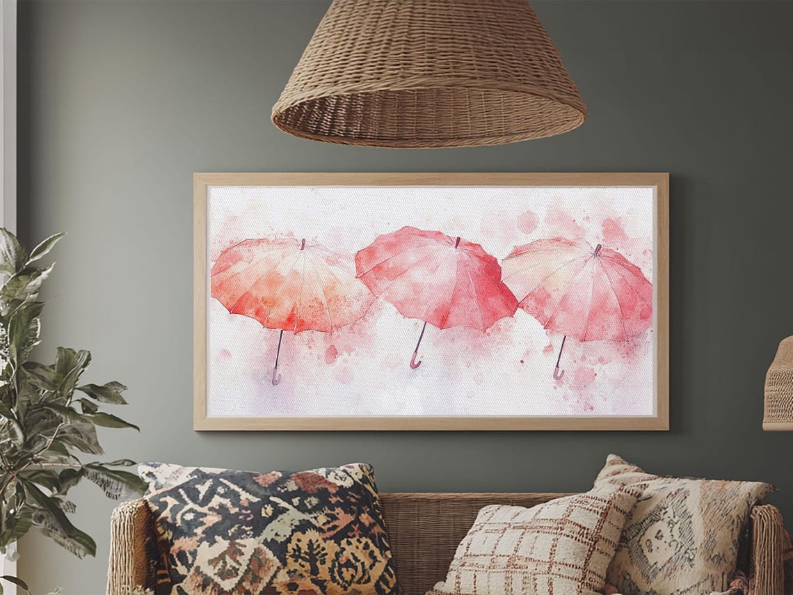 Three Pink Umbrellas Watercolor Whimsical Rainy Day Decor Poster - Image 6