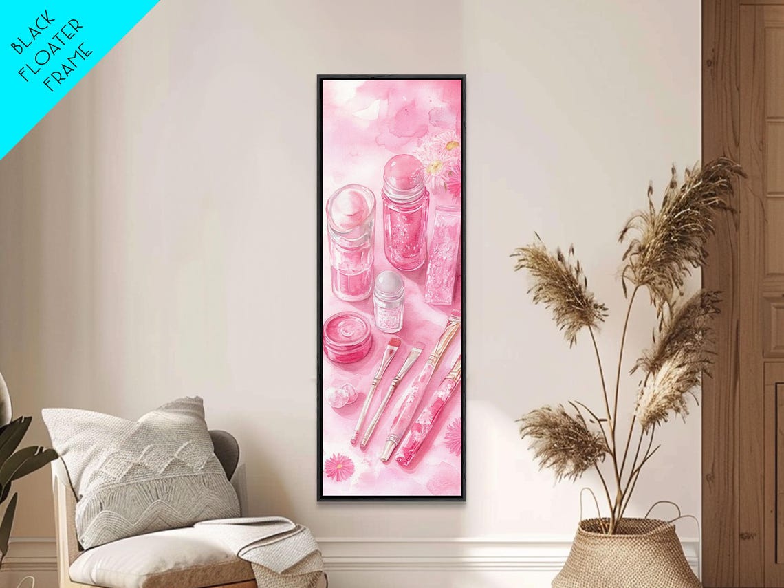 Pink Beauty Essentials Watercolor Makeup Brushes And Bottles Wall Art - Image 3
