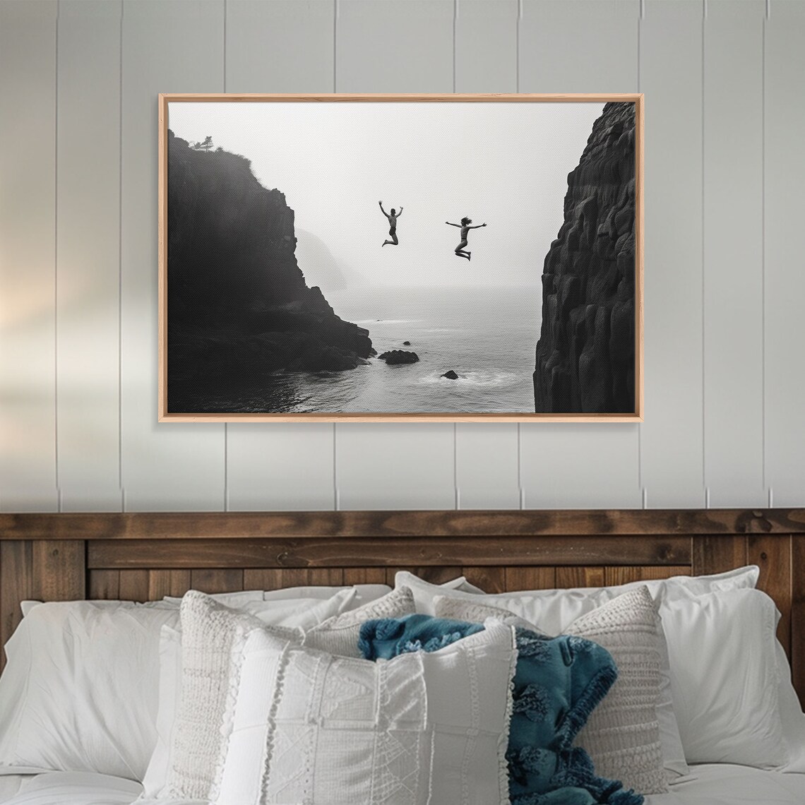 Black White Cliff Jumpers Ocean Mist Dramatic Minimalist Seascape Photography Print - Image 5
