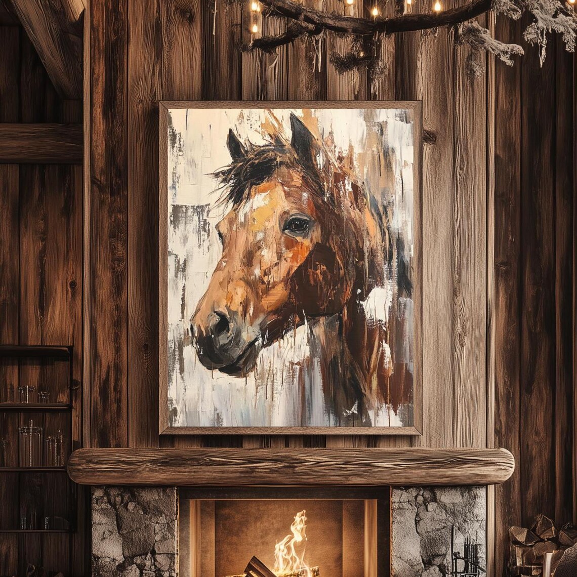Rustic Horse Head Brown Oil Painting Western Cabin Decor Art Poster