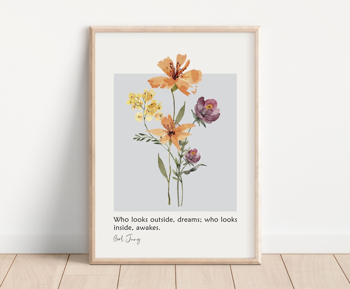 Carl Jung Who Looks Outside Dreams Watercolor Floral Quote Poster - Image 2