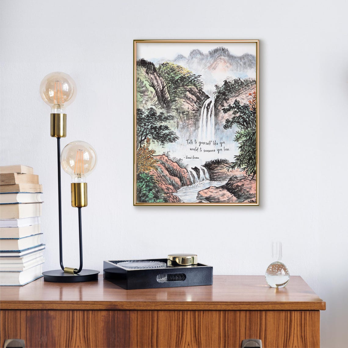 Brene Brown Self Talk Quote Waterfall Landscape Ink Wash Poster - Image 3