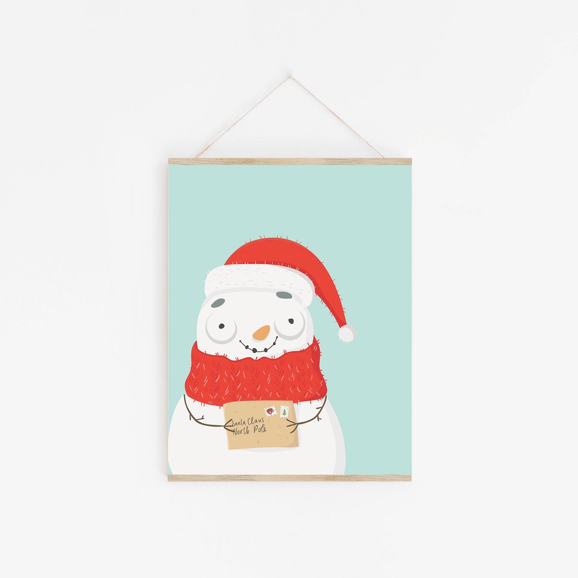 Cute Snowman Santa Hat Red Scarf Holding Gift Card Mint Poster - Image 2
