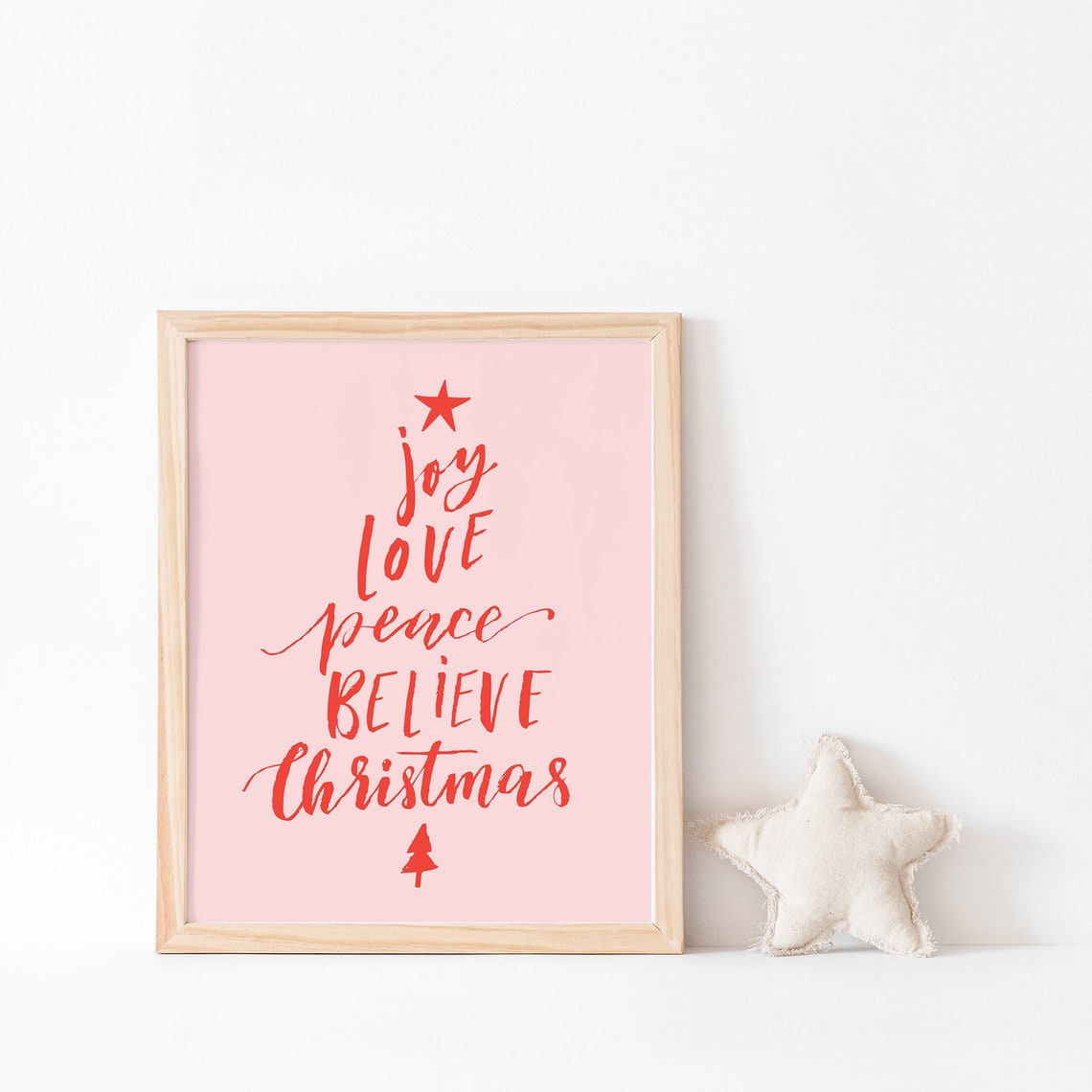 Joy Love Peace Believe Christmas Word Tree Red Script Pink Poster - Image 3