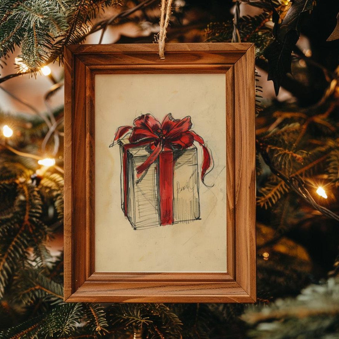 Ink Sketch Christmas Gift Box With Red Ribbon Bow Holiday Art Print