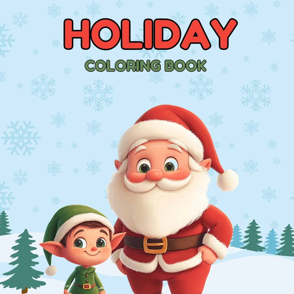 Holiday Coloring Book Poster with Santa and Elf Christmas Winter Art
