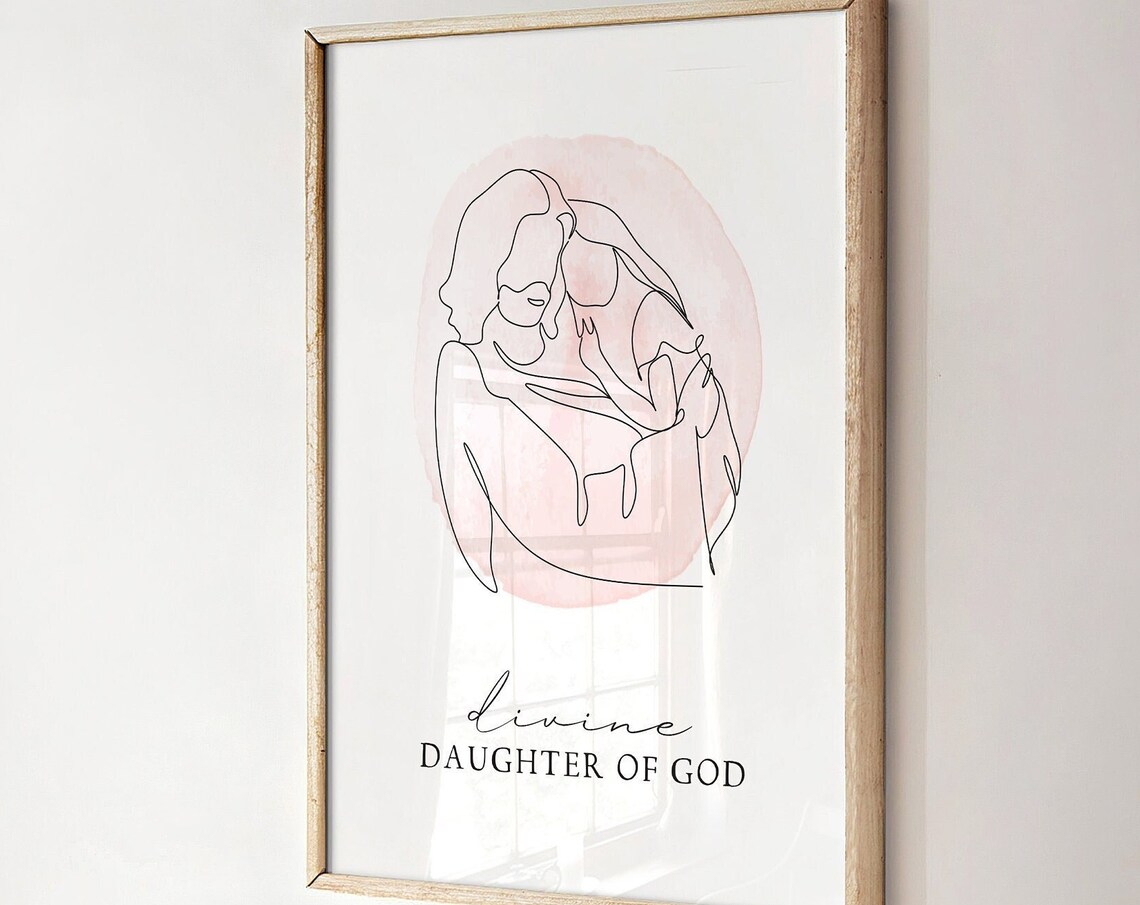 Divine Daughter Of God Pink Watercolor Line Art Christian Print