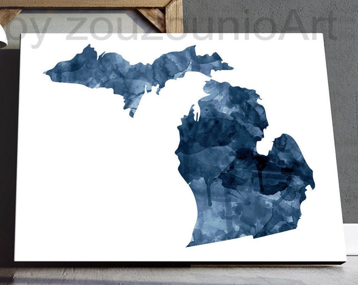 Michigan State Silhouette Navy Blue Watercolor Map Art Poster