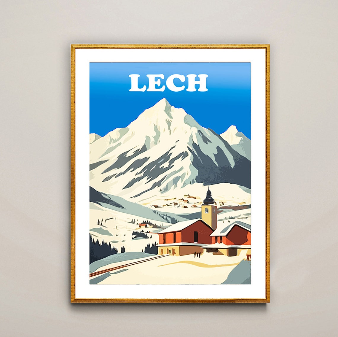 Lech Village Church Snowy Mountain Peak Vintage Austrian Winter Poster - Image 3