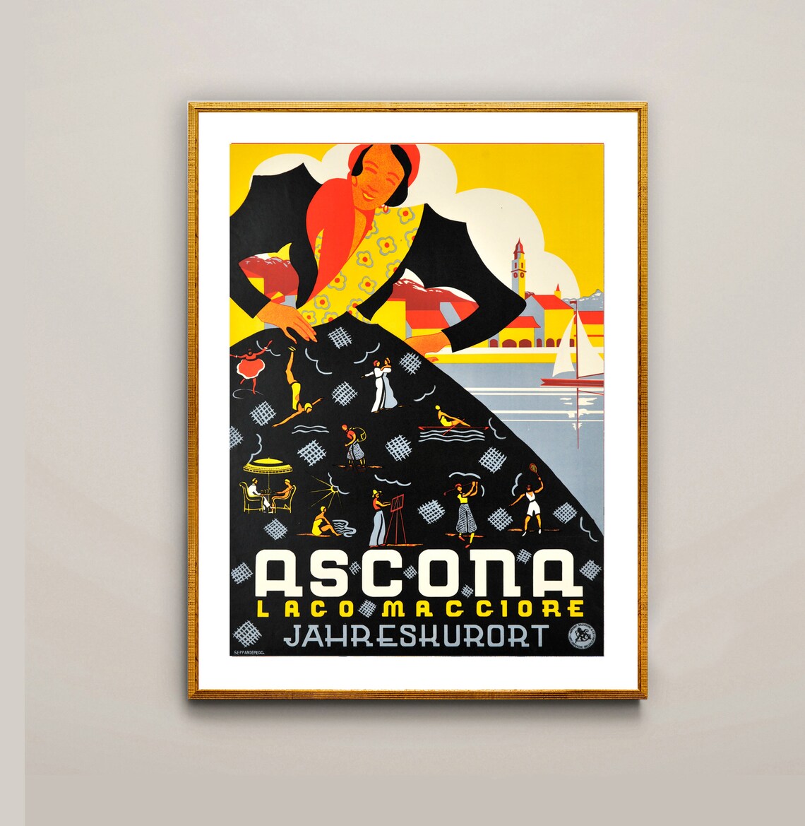 Ascona Lago Maggiore Swiss Art Deco Dancer Skirt Vintage Travel Poster - Image 3