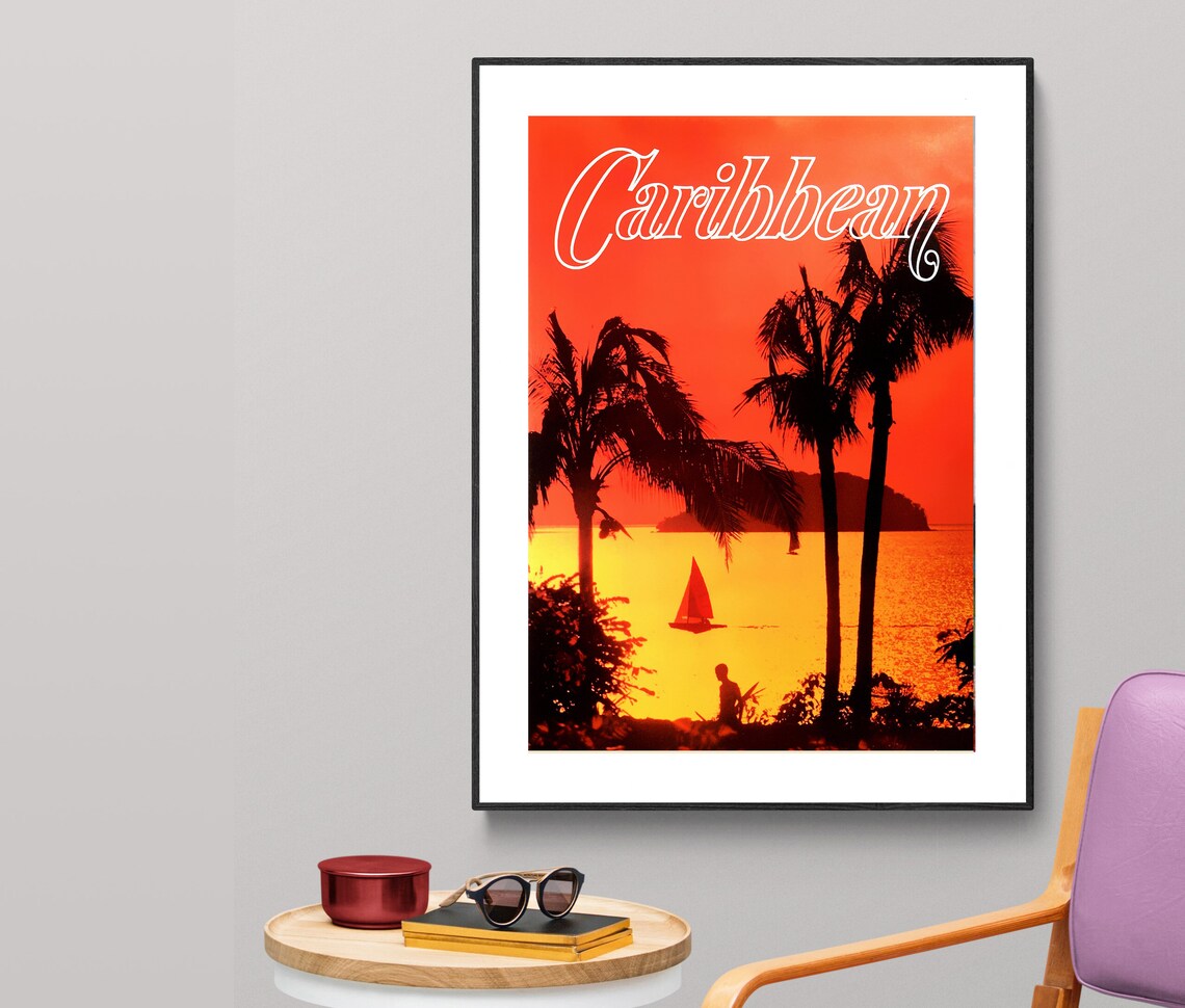 Caribbean Sunset Palm Silhouettes Sailboat Tropical Photography Poster
